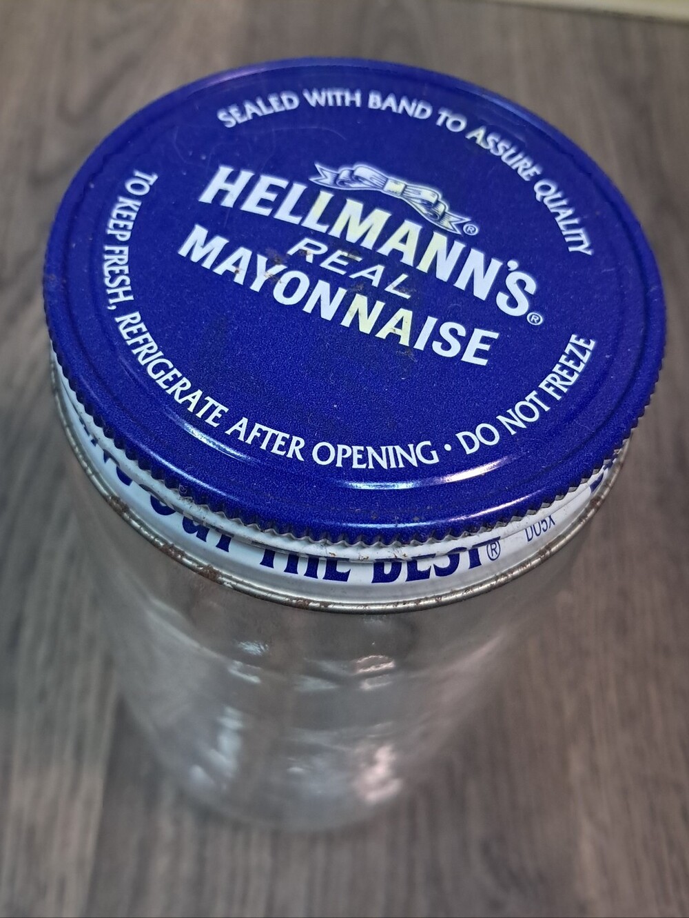 Vintage/Original Antique Hellman's Mayonnaise Jar Metal Blue Lid On Jar